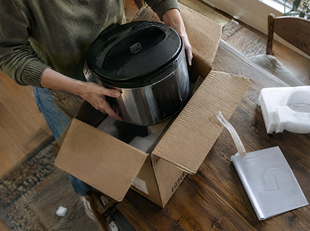 Unboxing a new kitchen appliance